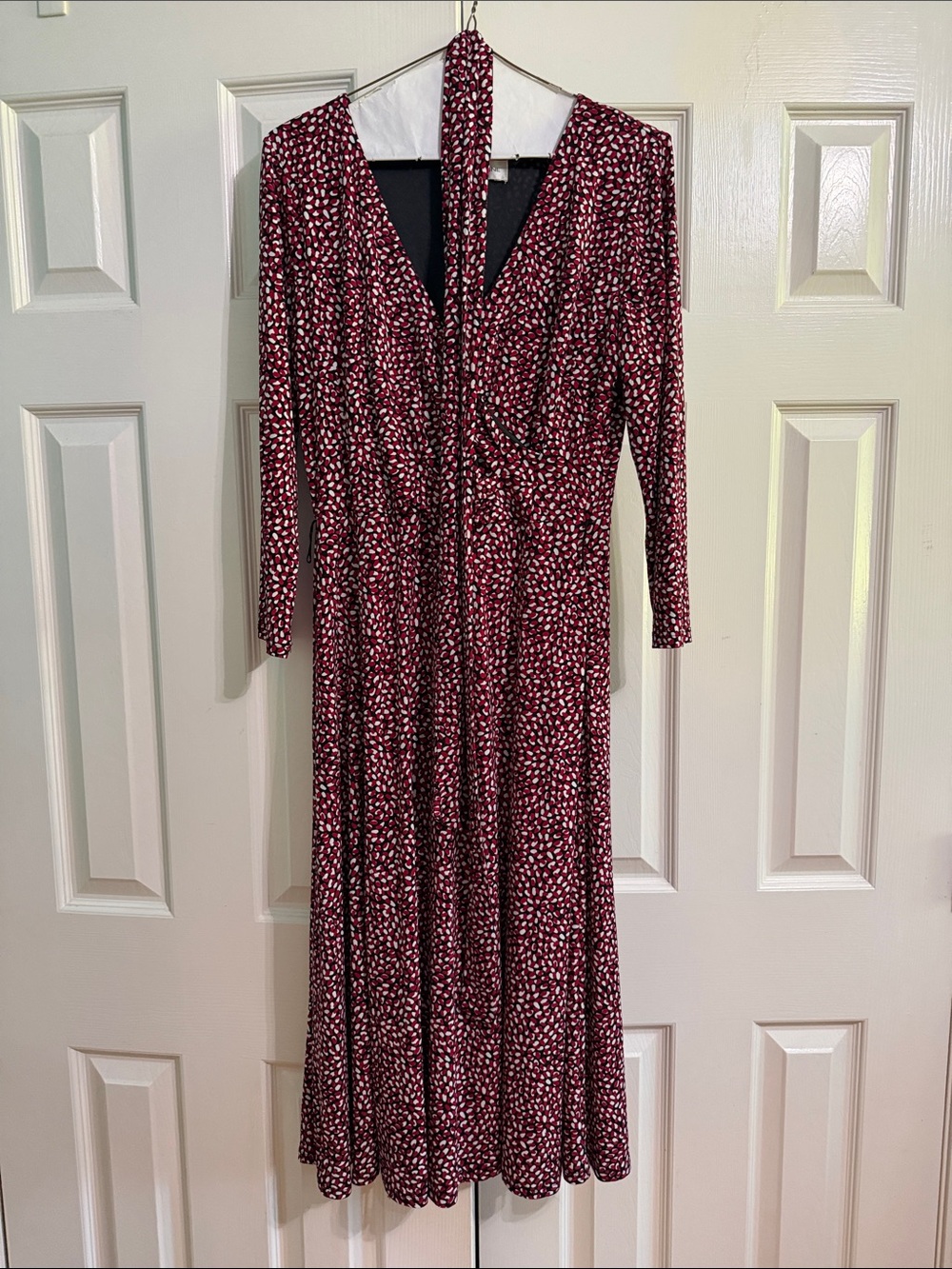 Evan Picone Burgundy and White Printed Long-Sleeve Wrap Dress